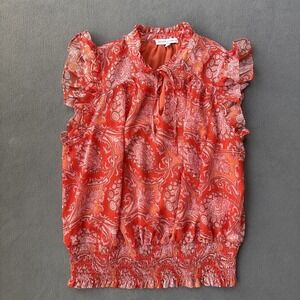 Maison dAmelie Top Womens Large Orange Paisley Ruffles Smocked Waist Preppy